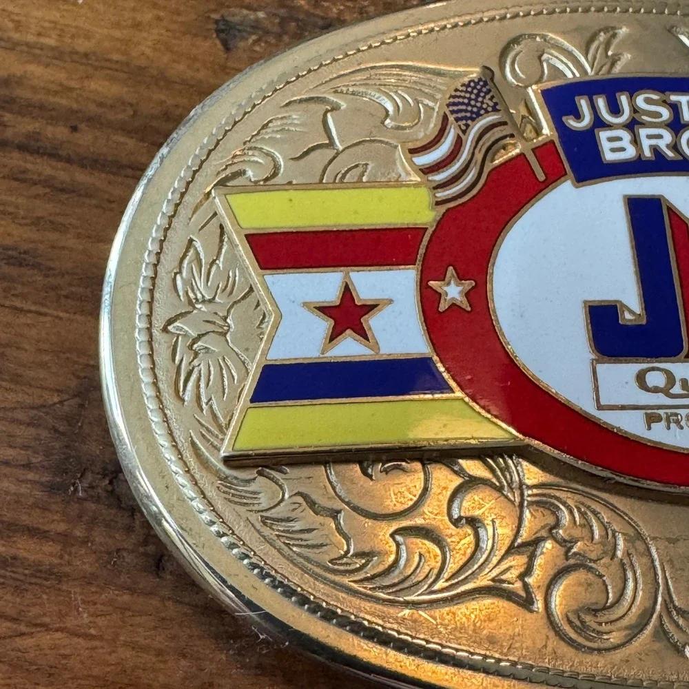 Vintage Justice Bros JB Racing Belt Buckle Gold‎ Tone Western Scrollwork Enamel